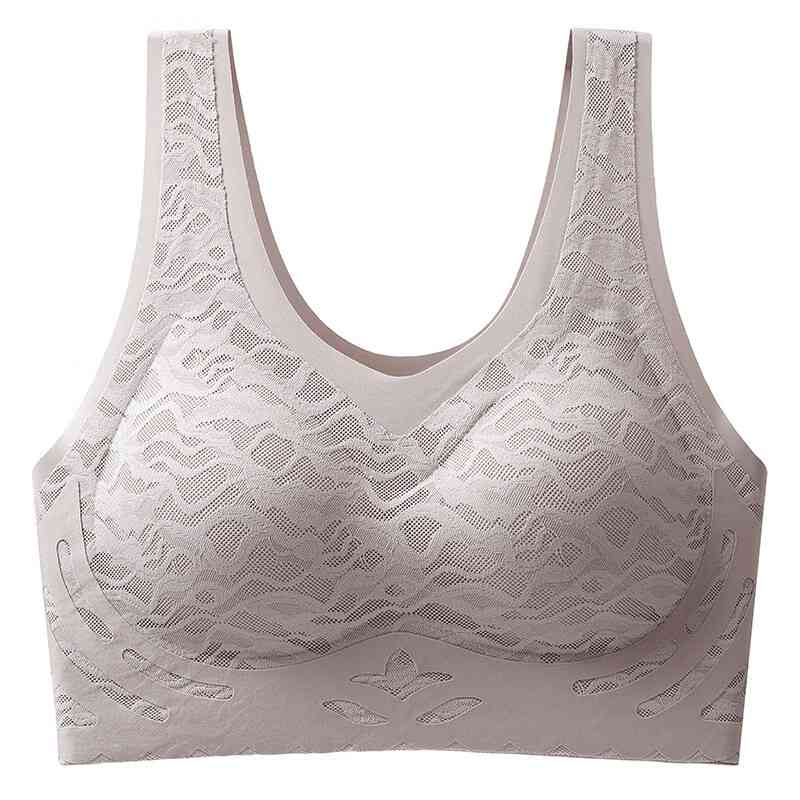 无痕一片式蕾丝内衣女上托防下垂收副乳无钢圈背心式睡眠文胸 雾灰色 M【80-110斤】
